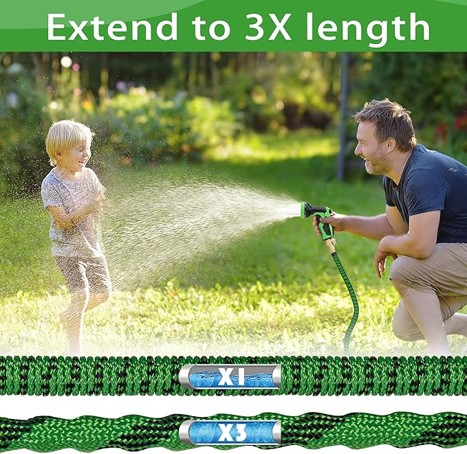 100 ft Expandable Garden Hose-2026 Newly Upgraded Expanding Garden Hoses with 10 Function Spray Nozzle, Extra Strength Fabric, Leak-Proof, Lightweight, Kink-Free Flexible Retractable Hose(Green Black)