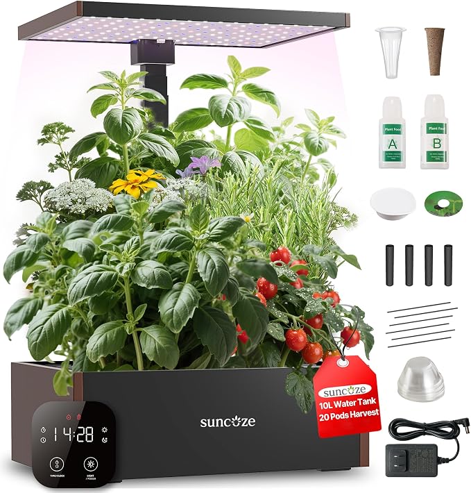 SUNCOZE 20 Pods Hydroponics Growing System Kit, Indoor Herb Garden with 30W LED Grow Light, 10L Large Water Tank, Up to 25" Height, Plants Germination Kit with Quiet Pump, Black