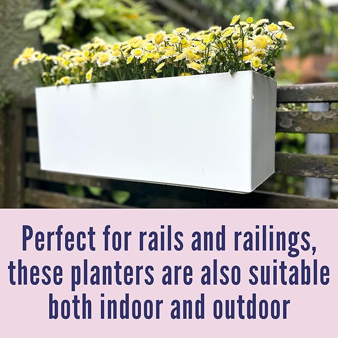 LaLaGreen Rail Planter for Balcony Outdoor (20 Inch, 2 Pack) Large White Self Watering Deck Railing Planters with Brackets, Rectangular Plastic Fence Flower Box Designer Choice