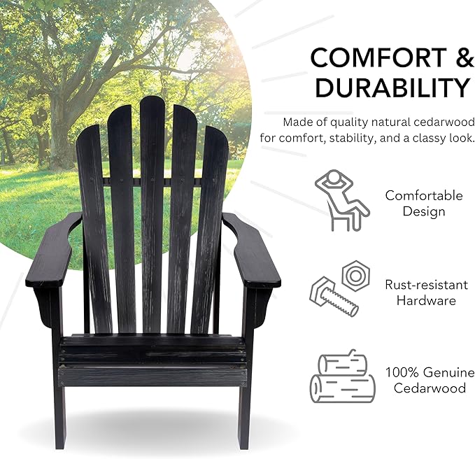 Shine Company Westport Wooden Adirondack Chair, Outdoor Patio Firepit Chairs, Back & Seat Pre-Assembled, Black