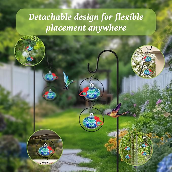 Headak Life 6 Pack Circular Hummingbird feeders for Outdoors Hanging,Hand Blown Glass Hummingbird Feeder with 6 Adjustable Silicone Perch,Never Leak,Gardening Gifts for Woman Man(Blue)