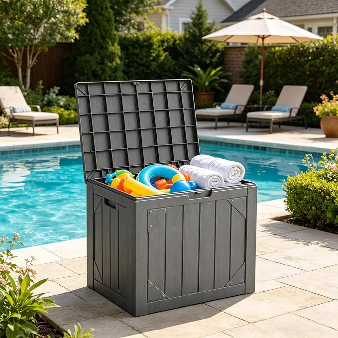 30 Gallon Outdoor Deck Box 4 Pack, Waterproof Resin Patio Storage Boxes with Lockable Lid, Small Outdoor Storage for Cushions, Accessories, Garden Tools, Indoor Outdoor Organizer, Gray