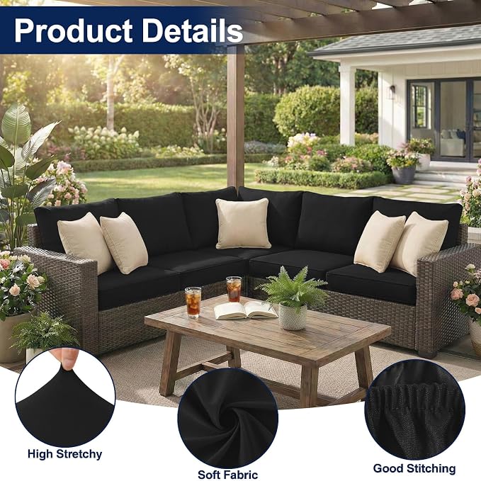Smiry Waterproof Patio Cushion Covers, Stretch Outdoor Couch Slipcovers Replacement Washable Furniture Protector Sofa Chair Seat Cover for Dogs and Pets (14 Pcs, Black)