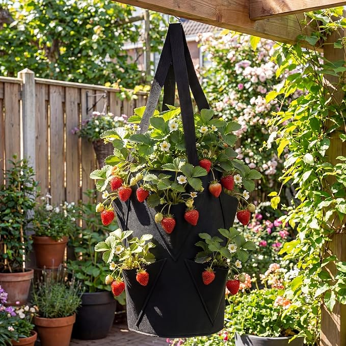 SATINIOR 10 Pack Upside Down Strawberry Planter Set Hanging Vegetables Grow Bags with 10 S Hooks, 3 Gallon Fabric Planting Bags for Easy Vertical Gardening(Black)