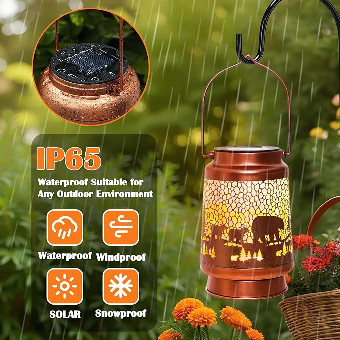 Bear Birthday Gifts for Women Mom Grandma, Solar Lanterns Outdoor Waterproof Garden Decor Hanging Lantern Lights, Metal LED Decorative Gardening Light for Patio Yard Lawn Porch