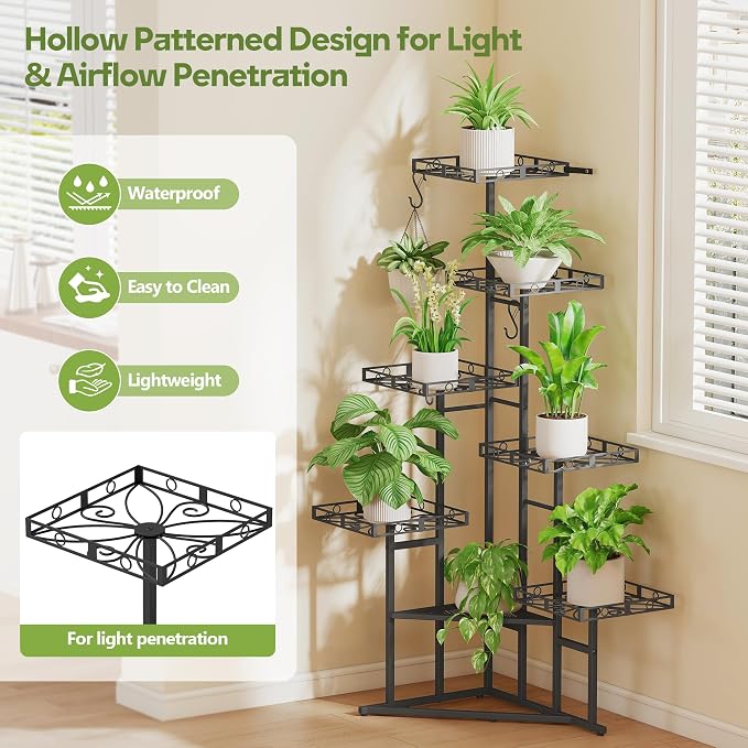 Quikraen 46" Tall Plant Stand Indoor,Multiple Tiers Corner Plant Shelf for Corner,7-Tier Large Metal Flower Holder, Plant Rack for Home Decor, Patio (Black)