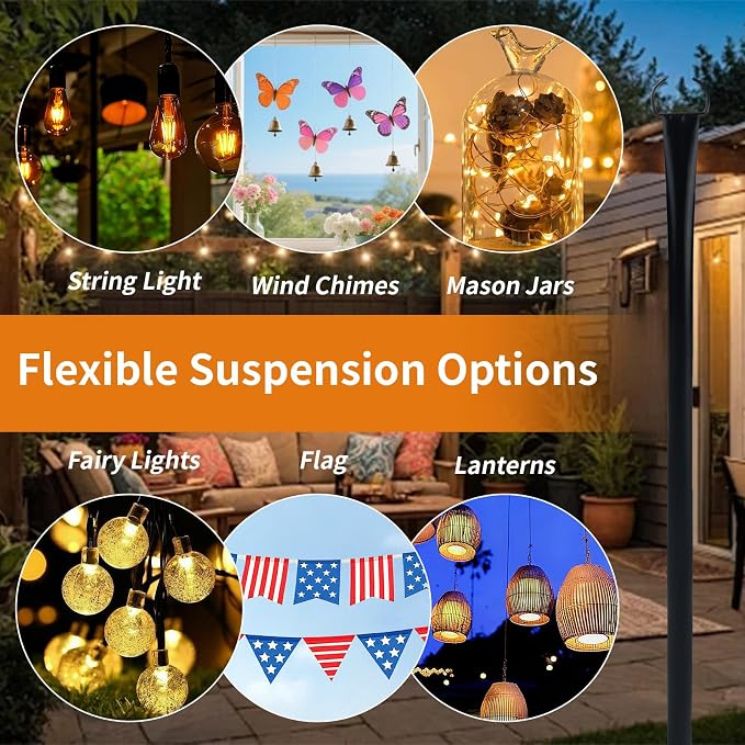 4 Pack 10FT String Light Poles for Outside, Heavy Duty Metal Poles with Fork Base & Hooks, Rustproof Poles for Hanging Lights on Patio, Deck, Backyard, Garden, Wedding, Party