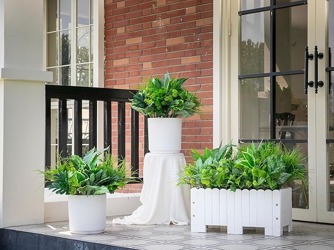 Green Moon 18 Bundles Artificial Plants Outdoor, Faux Bushes Plastic Fake Greenery Stems Shrubs UV Resistant for Indoor Outside Hanging Plants Front Porch Home Garden Window Box Spring Summer Decor