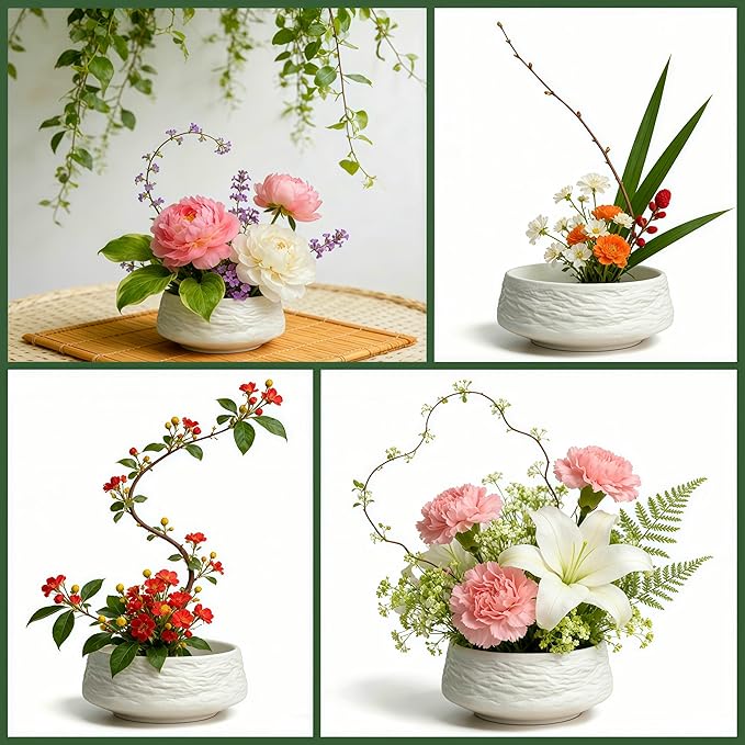 5 inch Japanese Ceramic Ikebana Vase Kit with1.6 inch Metal Floral Frog Round Stems Holder, Flower Frog Arranging Supplies Kenzan Flower Container (Rock Texture - Small White)