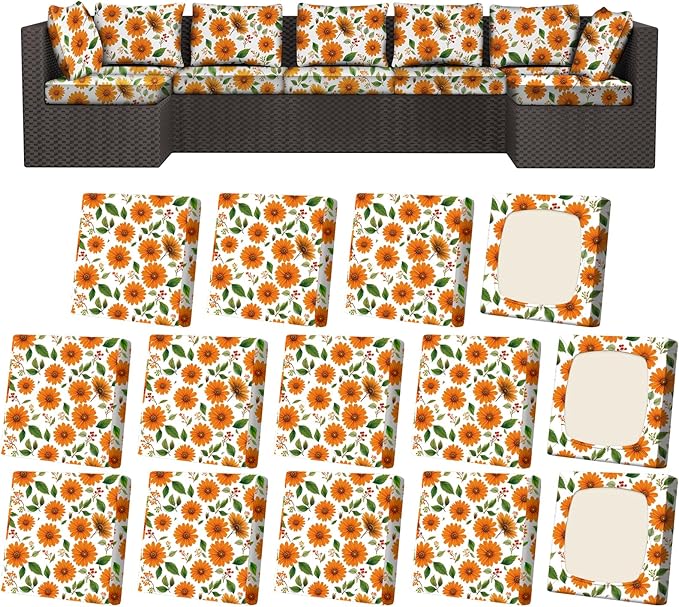14Pcs Patio Stretch Cushion Covers, Outdoor Couch & Sofa Replacement Slipcovers for Patio Furniture Cushion Covers, Washable Reusable Furniture Protector, Square Large, Sunflower
