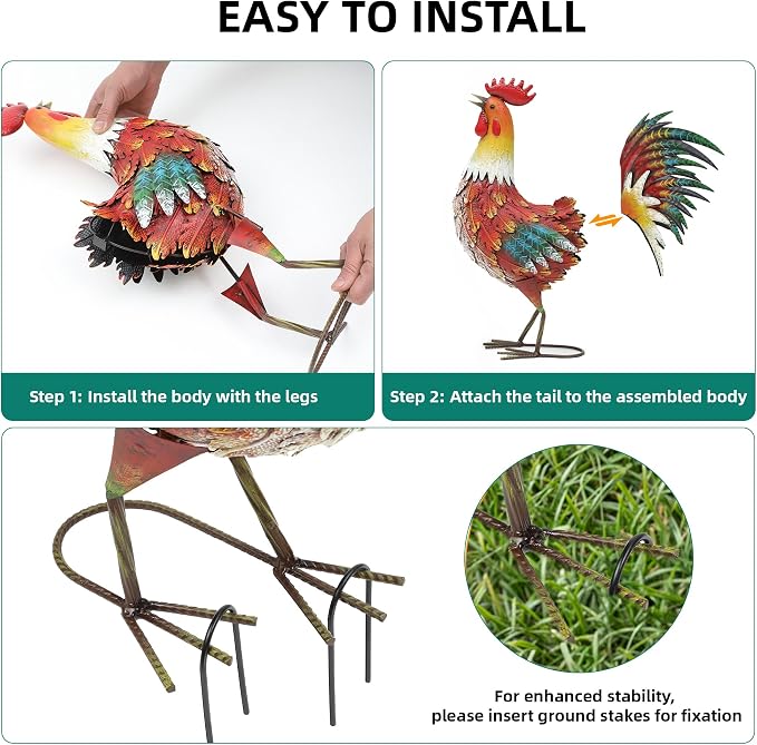 21in Metal Rooster Yard Decor, Outdoor Garden Statues, Metal Chicken Sculpture for Backyard Garden Patio Kitchen Décor