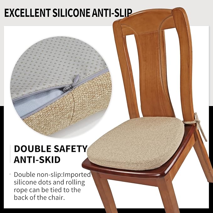 SINOSSO 4 Pack Memory Foam Chair Cushions for Dining Chairs, Friendly Woven Fabric 16" U-Shape Comfortable Kitchen Chair Pads, Removable Slip Resistant Seat Cushions (Set of 4, Linen)