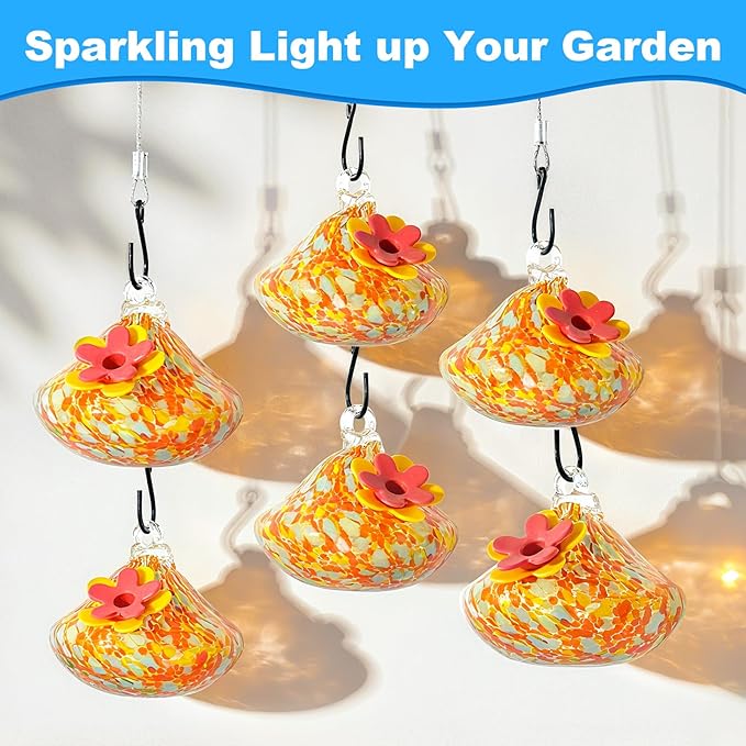 Wind Chime Glass Hummingbird Feeder - 20 Oz Outdoor Hanging Feeder with 6 Ports, Attract More Hummingbirds, Leak-Proof Design, Unique Garden Backyard Decor & Ideal Gift (Orange)