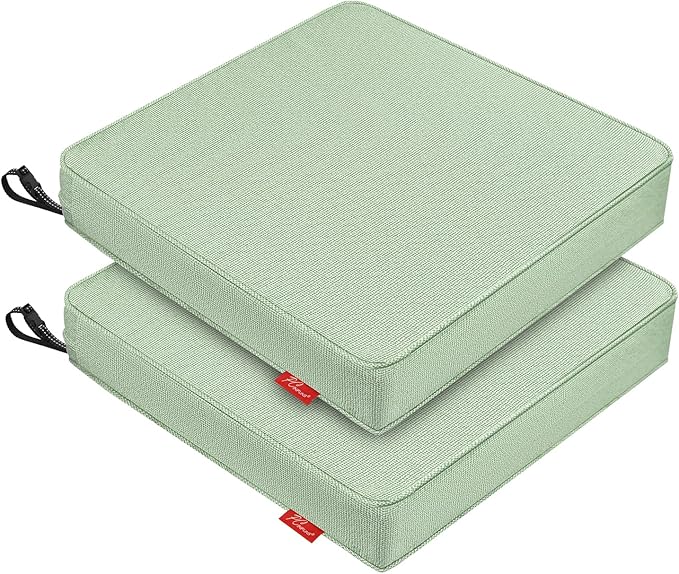 Patio Chair Cushions 19x19 Inch, Water Repellent Outdoor Seat Cushions with Adjustable Straps, Fade Resistant Replacement Cushions for Garden Deck Sofa Couch, Set of 2, Light Green