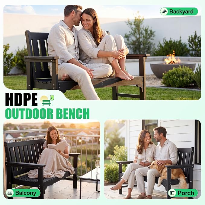 JUMMICO High-Density Polyethylene Outdoor Garden Bench, Ergonomically Designed, Weather-Resistant, 800-Pound Weight Capacity, Perfect for Gardens, Patios, Porches, and Backyards, 2-Person, Black