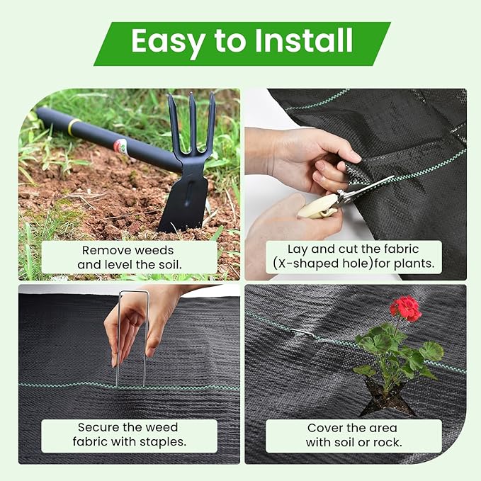 Rintea 4FTX300FT Weed Barrier Fabric, 3.2oz Landscape Fabric, Durable Weed Barrier Fabric Heavy Duty with 20 U-Shaped Securing Pegs for Landscaping Weed Blocker Garden Bed Cover, Commercial Driveway