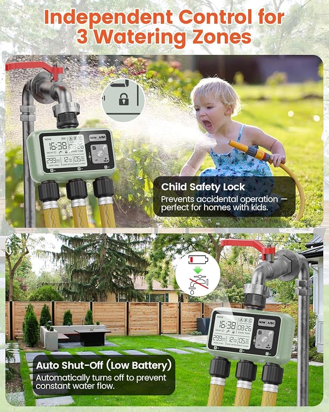 Sprinkler Timer 3 Zone Water Timer for Garden Hose Programmable Outdoor Hose Faucet Controller with Rain Delay Manual and Automatic Irrigation Controller System Low Battery Warning for Lawn Yard