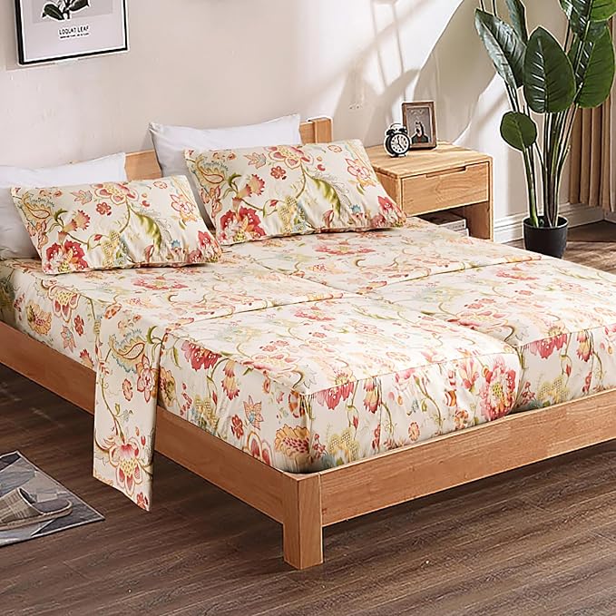 QSH 100% Egyptian Cotton Floral Sheets for Split King Size Bed, Red Yellow Flowers Plant Pattern Botanical Printed Bedding Deep Pockets 17" Soft and Breathable 4pcs