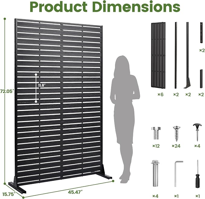 Outdoor Privacy Screen 72" H HDPE Decorative Panel Freestanding Privacy Fence with Stand, Privacy Screens with Louvered 6 Panels, Weather-Resistant Panel Fence for Patio, Balcony, Pool,Black