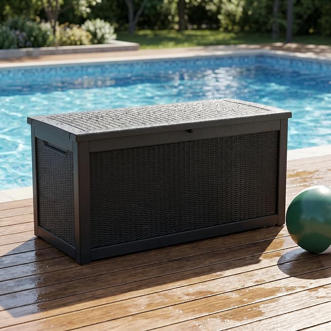 260 Gallon Deck Box, Waterproof Resin Outdoor Storage Box Lockable for Patio Furniture, Fade Resistant Patio Side Table & Organizer for Garden Tools, Pool Floats, Outdoor Cushions, Black
