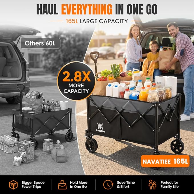 Navatiee 165L Collapsible Folding Wagon, Large Foldable Wagon with Silent All-Terrain Wheels, 330Lbs Heavy Duty Utility Grocery Cart for Camping Shopping Outdoor, Black