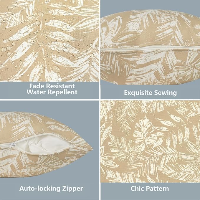 LVTXIII 2 Pack Outdoor Pillow Covers ONLY 18x18 Inch, Water-Repellent Square Decorative Cushion Covers for Patio Furniture, Garden, Sofa, Tropical Leaf Oat
