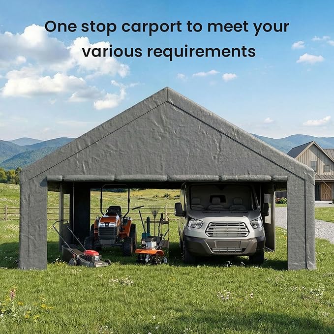 COSIEST 20'×20' Storage Shelter Outdoor Gable Roof Carport with Removable Side Walls, Heavy-Duty Garage Canopy Weatherproof PE Cover, Multi-Purpose Vehicle, Tractor Shed for Backyard, Driveway (Gray)
