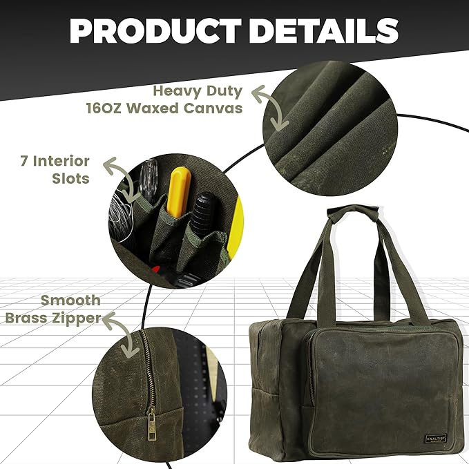 Tool Tote | Heavy Duty 16oz Waxed Canvas Tool Storage Bag - Portable 3 Pockets Tote Bag with Padded Handle& Metal Zipper, for Craftsman Gardener Carpenter Mechanic | 15.5"L x 7.5"W x 11.5"H