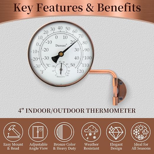 4" Brass Outdoor Thermometer with Humidity, Analog Wall Mount Temperature Gauge, Decorative for Patio, Garage, House, Greenhouse, Window, Antique Bronze, No Battery