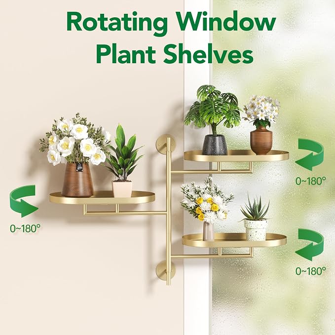 Rotating Window Wall Plant Shelves Stand Holder, 3 Tiered Metal Gold Floating Plant Shelf Hanger Indoor , Window Sill Gifts