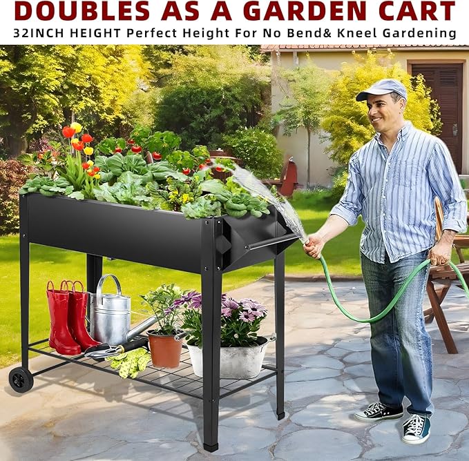 DNKMOR 32" Tall Raised Garden Bed Outdoor with Wheels & Storage Shelf or Mobility,Mobile Anti-Rust Steel Planters for Outdoor Plants,Planter Box for Vegetables/Flower/Herbs,Patio-Balcony-Backyard
