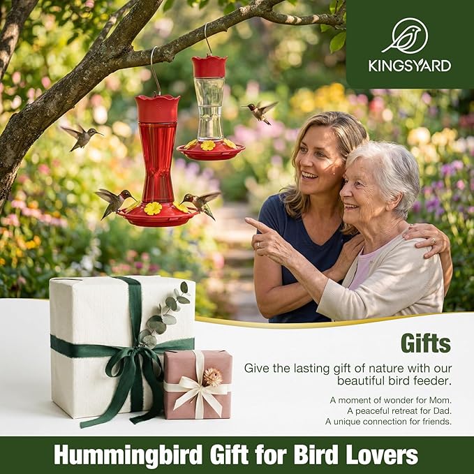Kingsyard 2-Pack Glass Hummingbird Feeder for Outdoors Hanging, 10 oz Leak-Proof Humming Bird Feeders with Ant Moat & Bee Proof Feeding Ports, Hummingbird Gift for Bird Lovers (Clear)