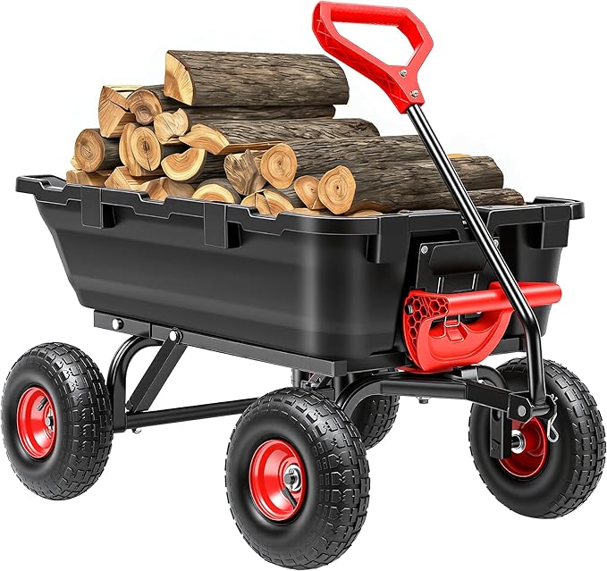 900LB Garden Dump Cart, 2026 Upgraded Heavy Duty Wheelbarrow Cart with 10" Non-Slip Pneumatic Tires & Quick-Release System, 4-Wheel Steel Frame Wagon for Transportation in Yard, Farm, Garden