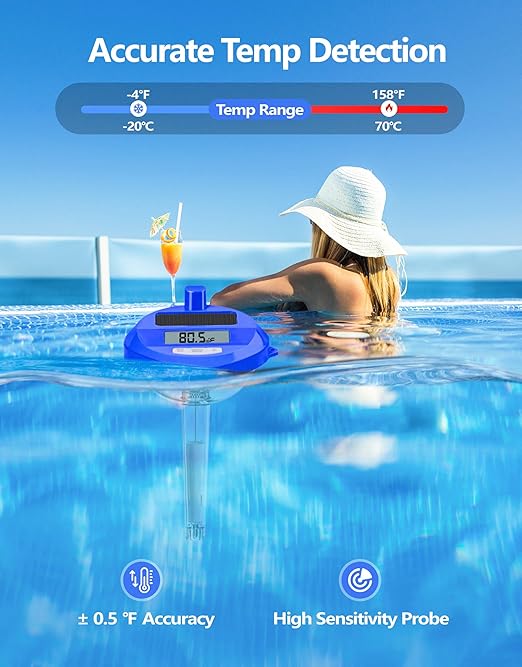 LuxBlue 2026 Solar Pool Thermometer Wireless - 650FT Transmission | Pool Temperature Thermometer with Light Show | Dual Backlit Display for Easy Read | Floating Water Temperature Gauge for Hot Tub,Spa