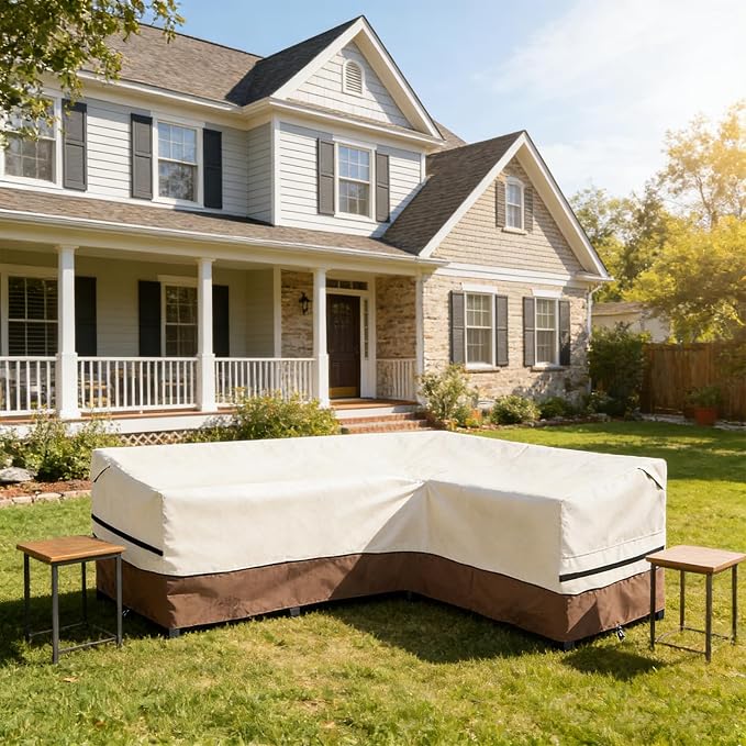 okcool Outdoor Sectional Cover,L-Shaped Patio Furniture Covers for 4-Seater Outdoor Sectional Furniture Couch 85”W (Back Length) x 58”W (Right Side),Beige & Brown