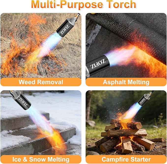 Propane Torch Weed Burner Kit, 33.5" Blow Torch with 1lb Propane Cylinder Converter, 10 FT Hose, Heavy Duty Torch with Turbo Trigger for Weeds, Roofing, Ice & Snow Melting(Fuel Not Included)