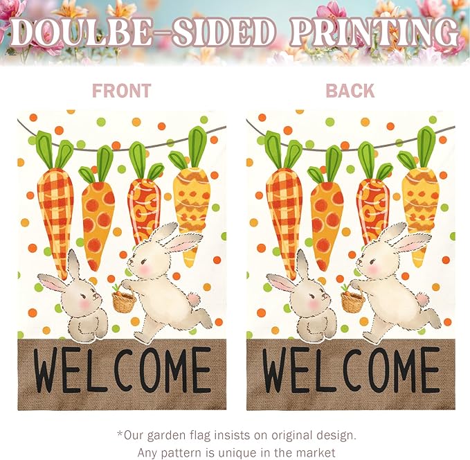 Large Easter Garden Flag 28x40 Inch Double Sided Welcome Bunny and Carrot Yard Flags Spring Outdoor Porch Decorations Farmhouse Easter Bunny House Banners for Lawn Patio Garden and Home Decor