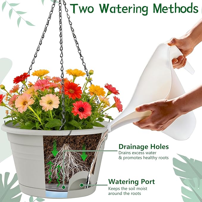 Nooulap 4 Pack Hanging Planters, 10 Inch Hanging Plant Pot with Hanger Chain & Drainage Trays, Hanging Baskets for Plants Outdoor Indoor, Flowers Pots for Home, Garden, Porch Decor (Grey)