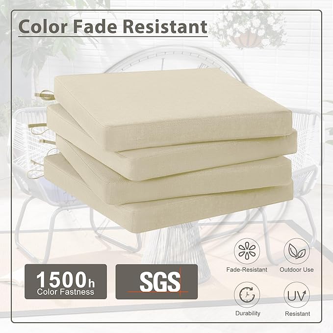 Favoyard Outdoor Chair Cushion Set of 4 Rainproof & Color Fade Resistant 19 x 19 x 2 in Square Corner Patio Furniture Cushions with Waterproof Hidden Zipper Attach Ties for Dining Table Chairs Seats