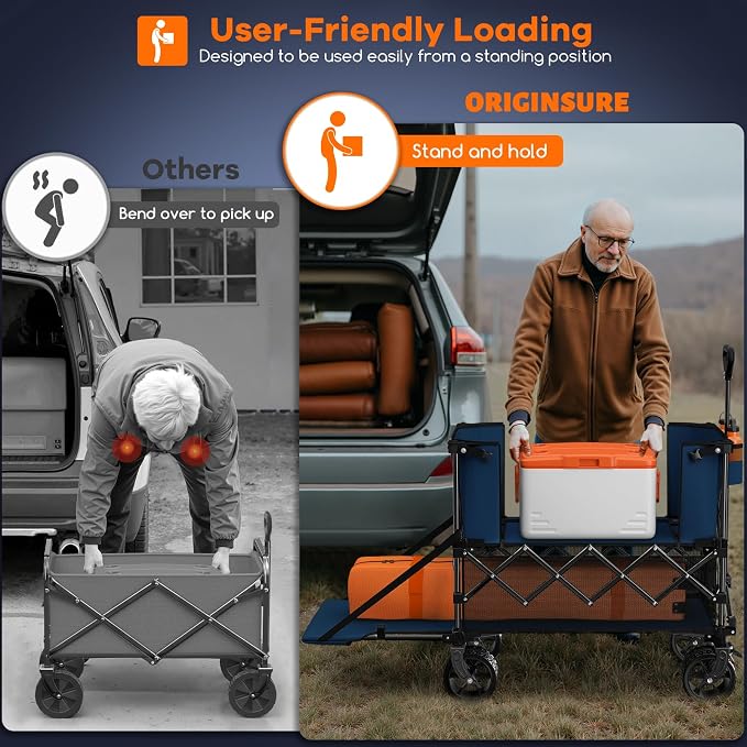 Originsure 400L Double Decker Wagon Collapsible with 54" L Tailgate, 560lbs Heavy Duty Carts Foldable, Extra Large Folding Beach Wagon with Big All-Terrain Wheels for Camping, Sports, Groceries, Blue