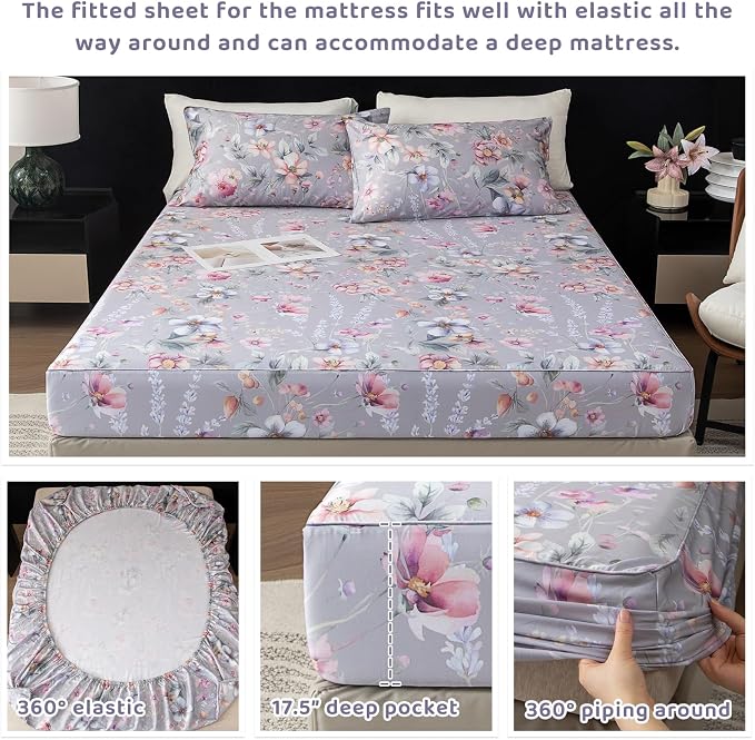 QSH Gray Floral Egyptian Cotton Sheets King Size,Luxury Silk Feel Botanical Flowers Pattern Printed Bed Sheets Sets King Size Aesthetic Soft and Breathable 17.5" Deep Pockets Bedding Sheets 4pcs