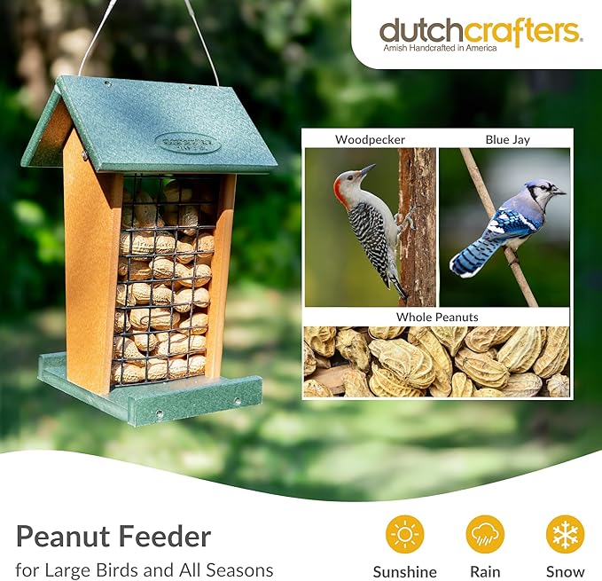 DutchCrafters Plastic Poly Hanging Whole Peanut Bird Feeder for Large Birds, Woodpeckers, Blue Jays for Outdoor, Garden, Yard - USA Amish Made (Turf Green & Cedar)