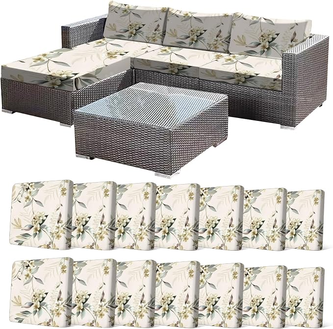 CALBODE 14 Pcs Stretch Outdoor Seat Cushion Covers, Washable Chair Seat Cover for Patio Furniture Cushions Soft Indoor and Outdoor Couch Cover Replacement (Beige Botanical, Cover Only)