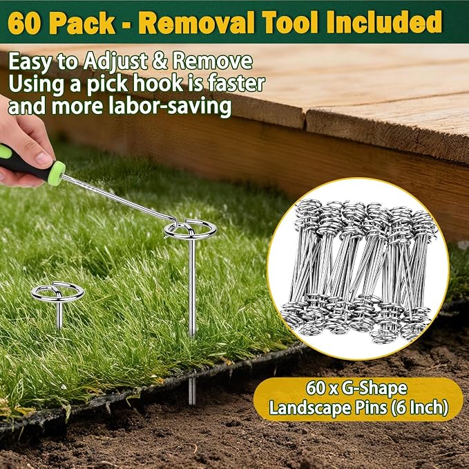 Landscape Fabric Staples Pins, Thickened 8 Gauge Circle Top Landscape Fabric Stakes-60 Pcs, Not Easy to Bend 6 inch Galvanized Garden Staples with Removal Tool, Stakes for Weed Barrier Fabric