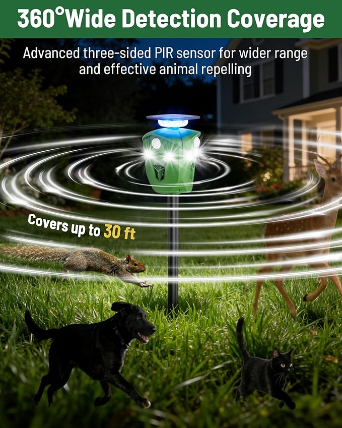 360° Solar Animal Repellent for Yard & Garden – No Blind Spot Motion Sensor to Keep Deer, Raccoons & Cats Away, Waterproof Ultrasonic & Flashing Light Outdoor Deer Repellent Device