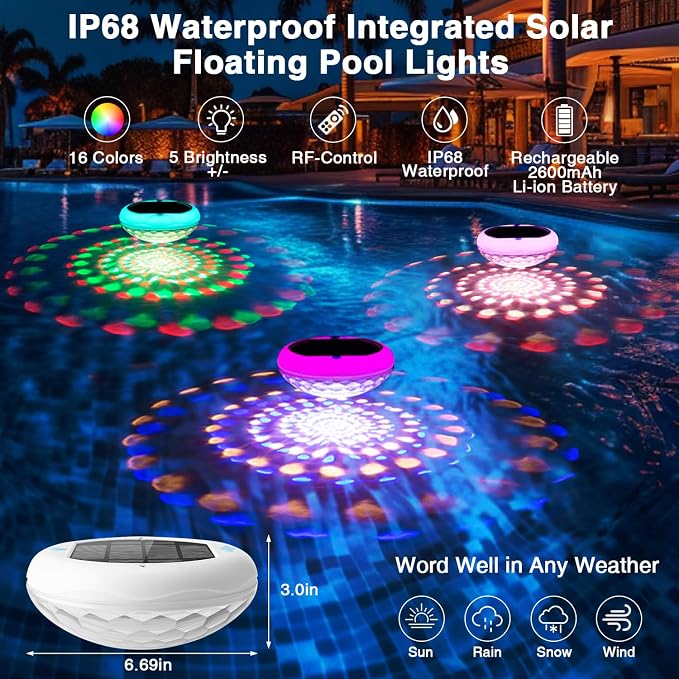 QOLNBY Pool Lights(1 PCS), Solar USB Rechargeable Floating Pool Lights, 6.69 Inch 2600mAh IP68 Waterproof 6 Dynamic Modes Upper and Lower Color Changing Hangable Solar Floating Light for Pools 1 PCS