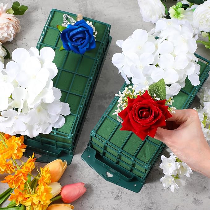 4 Pcs Floral Foam Cage with Foam, Green Plastic Rectangle Flower Holder, 11.8 x 4.7 x 3.1 Inches, Arrangement Supplies for Fresh or Artificial Flowers, Wedding, Home Decor, Centerpieces