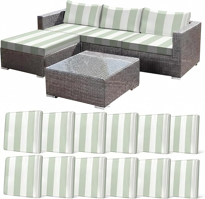 CALBODE 12 Pcs Outdoor Seat Cushion Covers, Green Striped Stretch Chair Seat Cover for Patio Furniture Cushions Washable Reusable Indoor and Outdoor Couch Cover Replacement (Grassy, Cover Only)