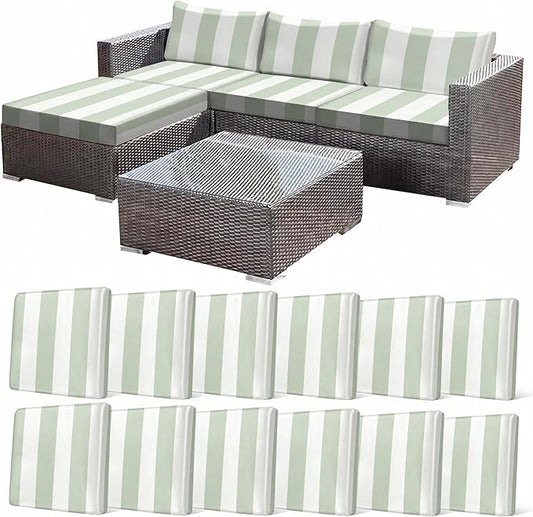 CALBODE 12 Pcs Outdoor Seat Cushion Covers, Green Striped Stretch Chair Seat Cover for Patio Furniture Cushions Washable Reusable Indoor and Outdoor Couch Cover Replacement (Grassy, Cover Only)