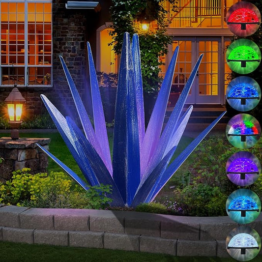 KODIBO Large Tequila Rustic Sculpture, Rustic Metal Agave Plants for Outdoor Patio Yard, Home Decor Hand Painted Metal Agave Garden Yard Statue, Outdoor Lawn Ornaments (Dark Blue - L (W/Solar Light))